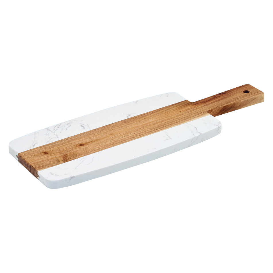 Winco SBMW-156 15-3/4 Inch Serving Board with Handle White Marble Acacia Wood