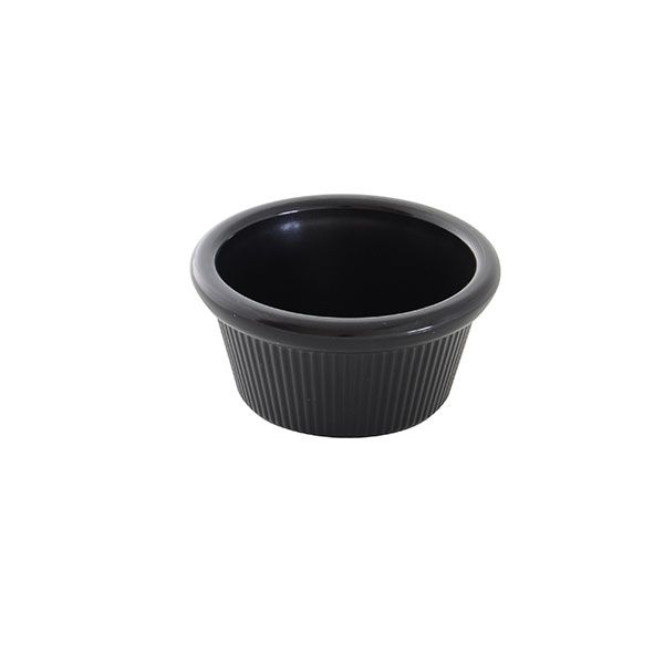 12 Pack 4 oz, 3-3/8" Diameter x 1-3/9" Height, Fluted Ramekin, Black Color, Acrylonitrile Styrene