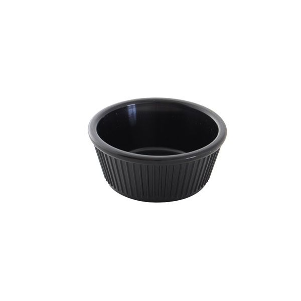 12 Pack 3-1/2 oz, 3-3/8" Diameter x 1-3/7" Height, Fluted Ramekin, Black Color, Acrylonitrile Styrene