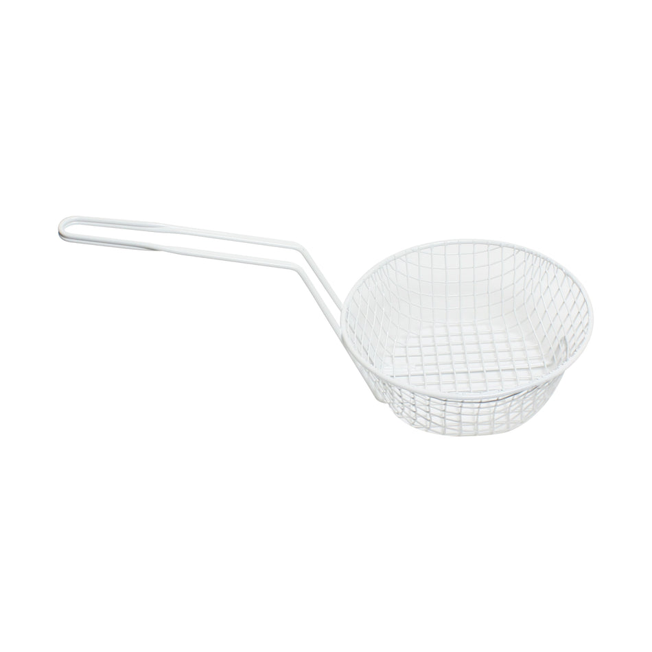 8" Diameter x 3" Deep, 9" Handle Length, Round Coarse Mesh Breading Basket, Wire Steel Plated Iron with White Plastic Coated, Not Intended for Frying, Made for Spreading Crumbs