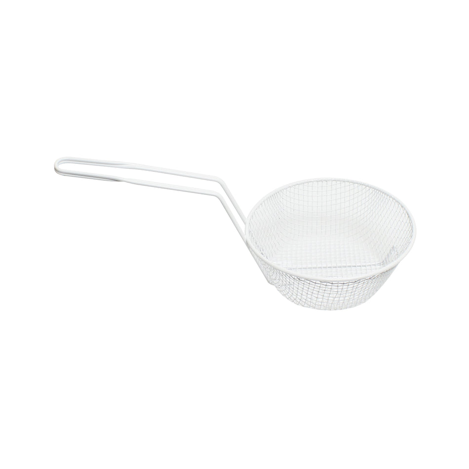 8" Diameter x 3" Deep, 9" Handle Length, Round Medium Mesh Breading Basket, Wire Steel Plated Iron with White Plastic Coated, Not Intended for Frying, Made for Spreading Crumbs