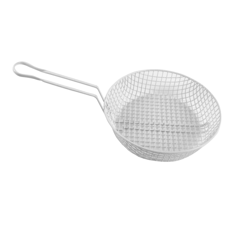12" Diameter x 3" Deep, 8" Handle Length, Round Coarse Mesh Breading Basket, Wire Steel Plated Iron with White Plastic Coated, Not Intended for Frying, Made for Spreading Crumbs