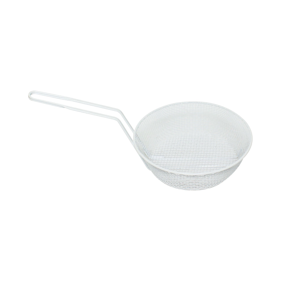 12" Diameter x 3" Deep, 8" Handle Length, Round Medium Mesh Breading Basket, Wire Steel Plated Iron with White Plastic Coated, Not Intended for Frying, Made for Spreading Crumbs