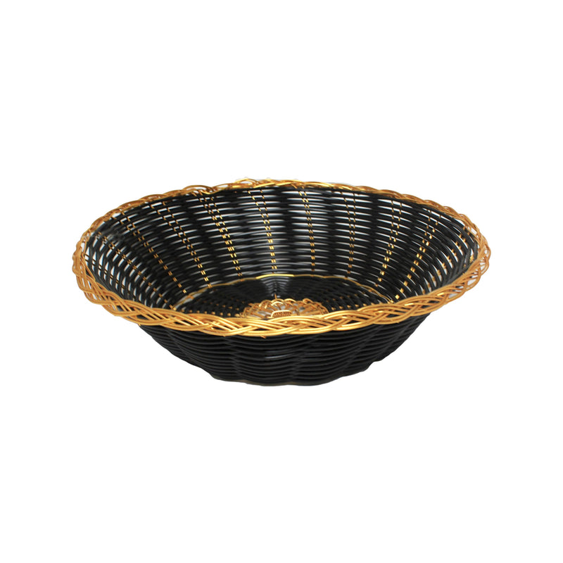 Thunder Group PLBB825G 8 Inch Round Woven Plastic Basket Break-resistant Stackable Black with Gold Trim