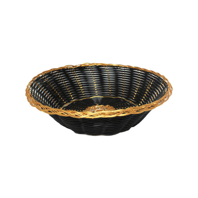 Thunder Group PLBB825G 8 Inch Round Woven Plastic Basket Break-resistant Stackable Black with Gold Trim