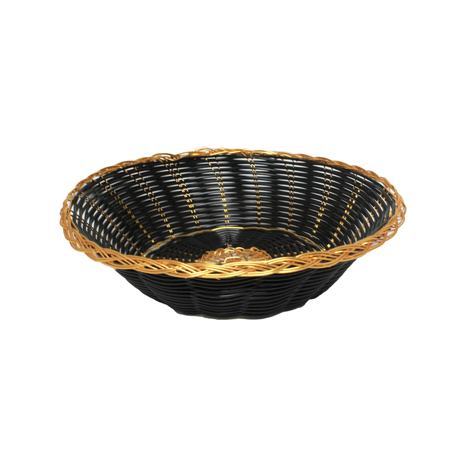 8" Diameter x 2-1/4" Height, Round Woven Bread Basket, Black Color with Gold Trim, Polypropylene Plus Polyethylene and Aluminum Wire, No Dishwasher, No Microwave