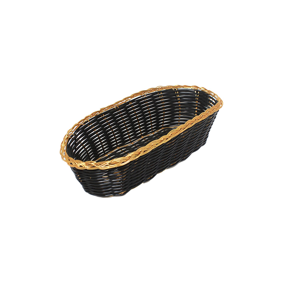 8-1/4" x 4-1/4" x 2", Oblong Woven Bread Basket, Black Color with Gold Trim, Polypropylene Plus Polyethylene and Aluminum Wire, No Dishwasher, No Microwave