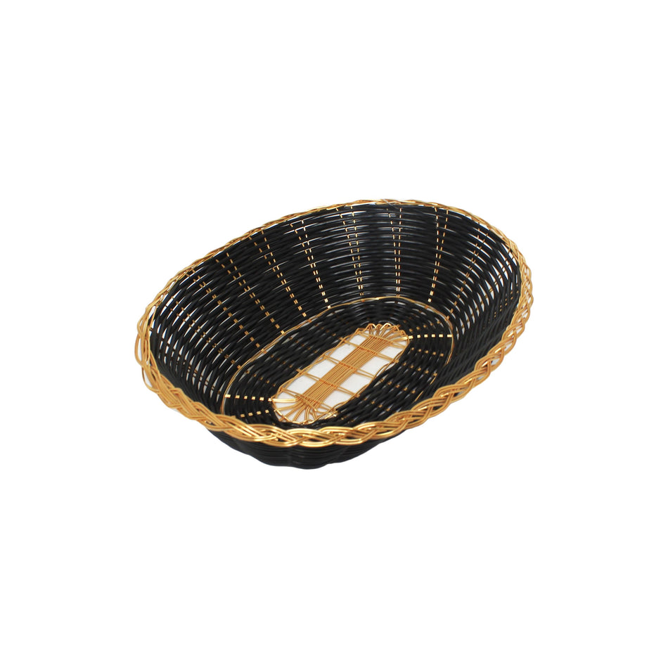 9-1/4" x 7" x 2-1/4", Oval Woven Bread Basket, Black Color with Gold Trim, Polypropylene Plus Polyethylene and Aluminum Wire, No Dishwasher, No Microwave