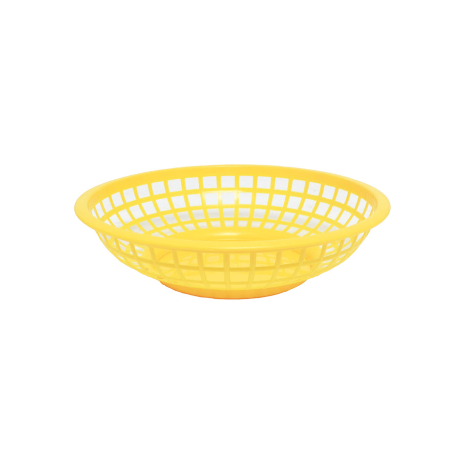12 Pack 8" Diameter x 2" Height, Round Fast Food Basket, Yellow Color, Polypropylene, Dishwasher Safe, No Microwave