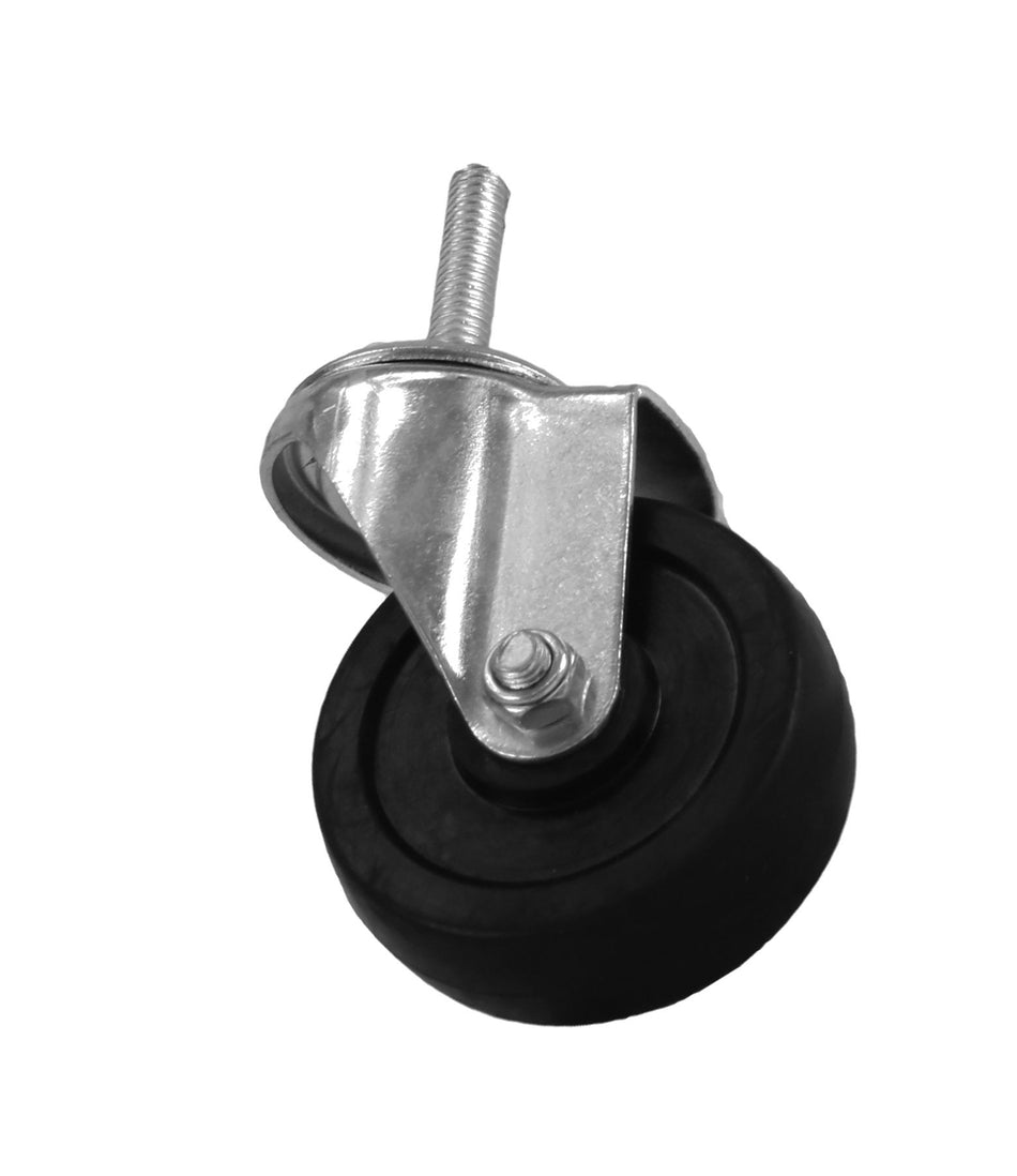 3-1/3" Overall Diameter x 2" Overall Width x 5-1/8" Overall Height, Wheel Size:  3" Diameter x 1" Width, Rubber Wheel Caster, Stainless Steel Stem, Rubber Wheel, 5 Years Limited Warranty, NSF