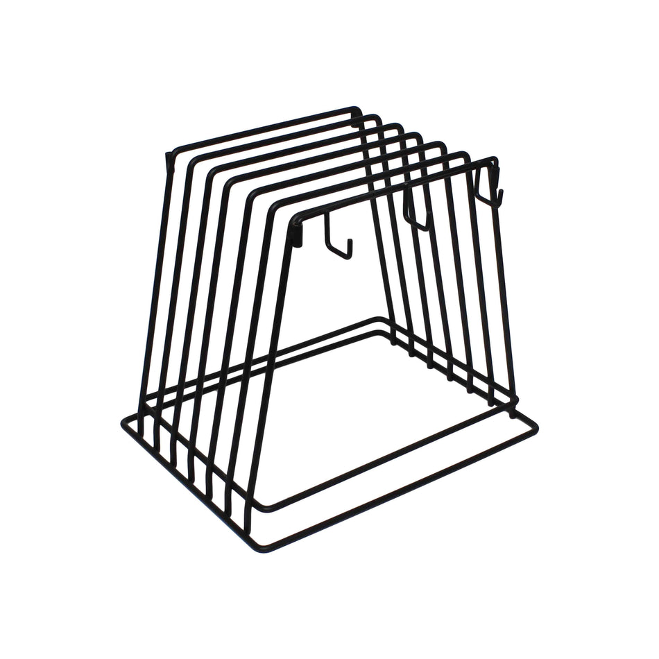 12" x 9-1/4" x 10-1/4", Sturdy, Powder-Coated Cutting Board Rack, holds up to 6 Cutting Boards and features 6 Brush Hooks on the sides for hanging Brushes, Wire, Made In Taiwan