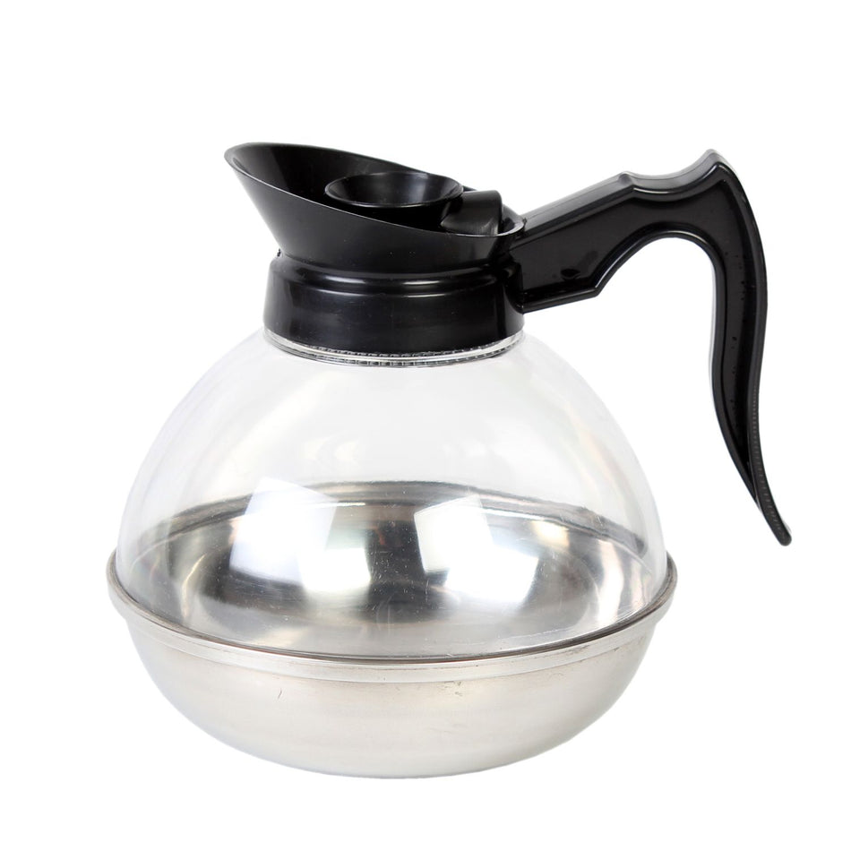 64 oz, 4" Diameter Base x 7" Height, 4-1/4" Length x 7/8" Width Handle, Coffee Decanter, Stainless Steel Base with Polycarbonate Body, Durable Plastic Black Color Handle