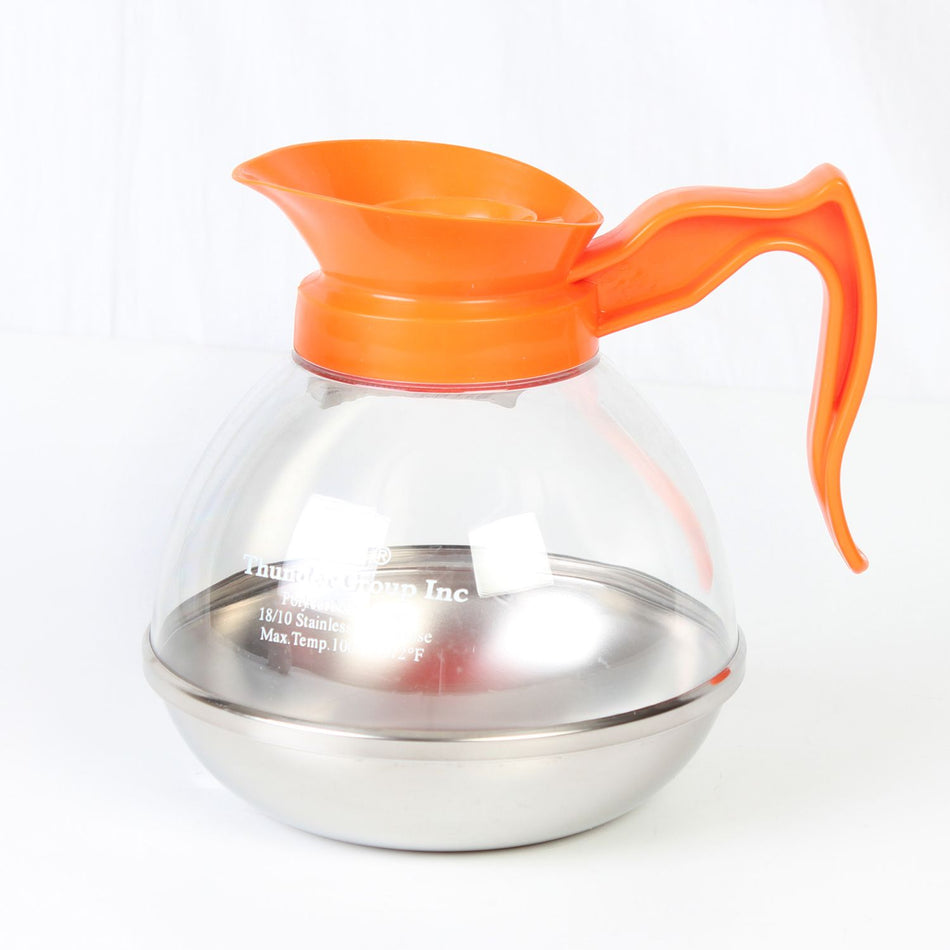 64 oz, 4" Diameter Base x 7" Height, 4-1/4" Length x 7/8" Width Handle, Decaf Coffee Decanter, Stainless Steel Base with Polycarbonate Body, Durable Plastic Orange Color Handle