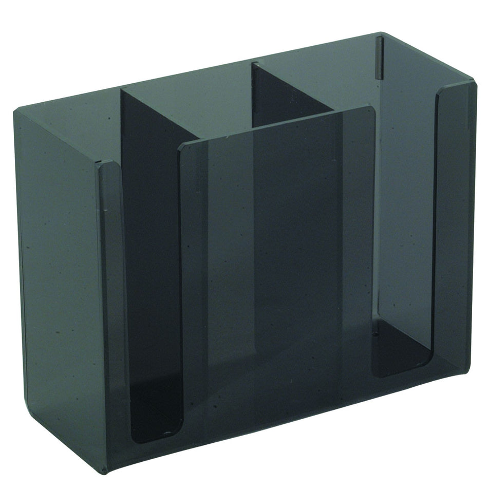 7-7/8" x 3-1/8" x 6", Chopsticks Holder, Black Color, Acrylic, Compartment 1 size:  2" x 2-7/8", Compartment 2 size:  2-5/8" x 2-7/8", Compartment 3 size:  2-5/8" x 2-7/8", No Dishwasher