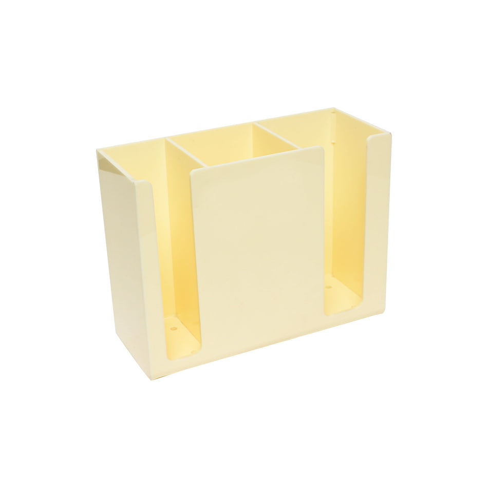 7-7/8" x 3-1/8" x 6", Chopsticks Holder, Ivory Color, Acrylic, Compartment 1 size:  2" x 2-7/8", Compartment 2 size:  2-5/8" x 2-7/8", Compartment 3 size:  2-5/8" x 2-7/8", No Dishwasher