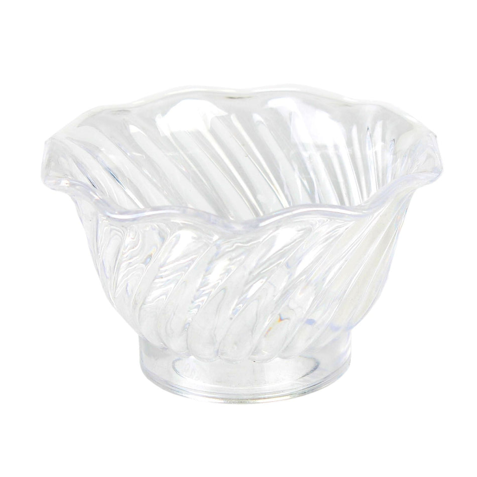 12 Pack 5 oz, 3-3/4" Diameter x 2-1/5" Height, Dessert Dish, Clear Color, Acrylonitrile styrene, No Dishwasher, Not Microwave Safe