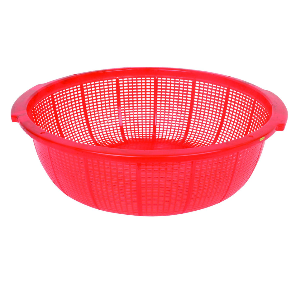 18-1/2" Diameter x 5-3/4" Height Round Perforated Polyethylene Colander – Grip Handles, Stackable, Assorted Red & Blue
