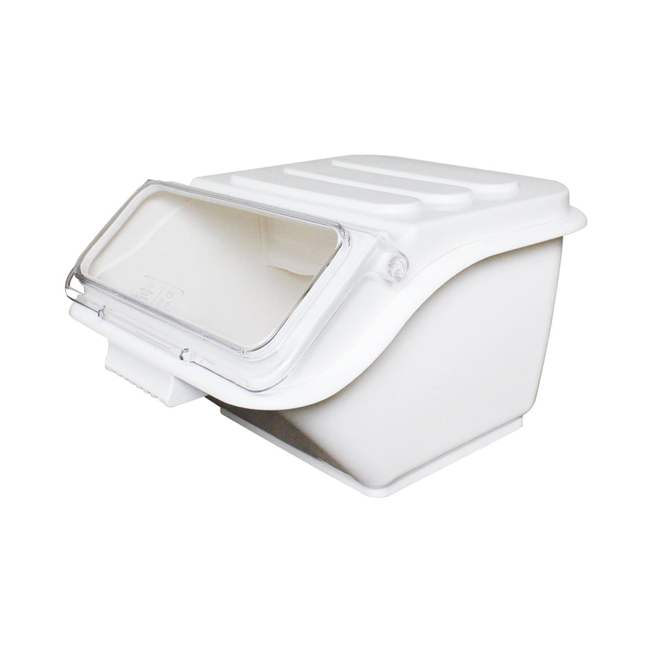 2 Gallon (40 Cups), 11-3/4" x 14-1/2" x 8-5/8", Shelf Ingredient Bin with Clear Flip Top Lid and a Matching Color Scoop included with build-in Scoop Holder, White Color, Polypropylene, withstand temperature from -40°F up to 160°F, Stackable, NSF