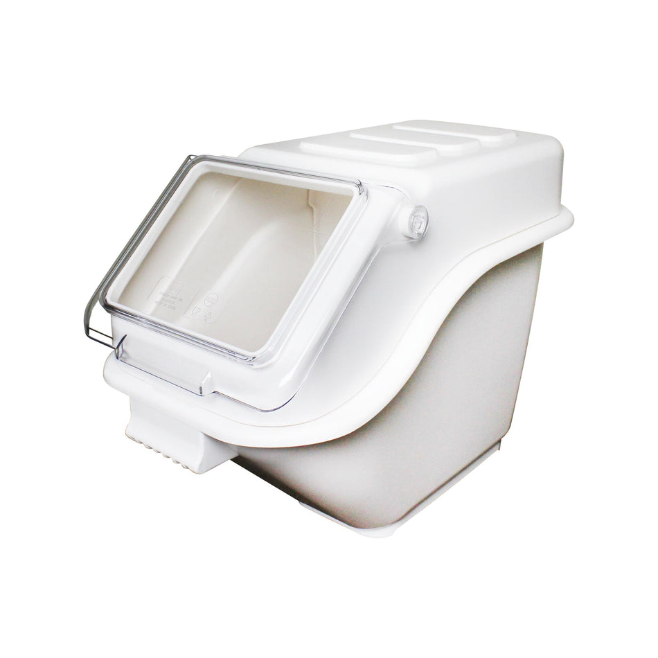 5 Gallon (80 Cups), 11-3/8" x 23-3/8" x 17", Shelf Ingredient Bin with Clear Flip Top Lid and a Matching Color Scoop included with build-in Scoop Holder, White Color, Polypropylene, withstand temperature from -40°F up to 160°F, Stackable, NSF