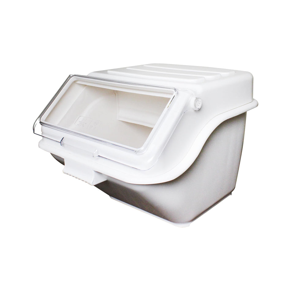 10 Gallon (150 Cups), 19-1/4" x 23-3/8" x 17", Shelf Ingredient Bin with Clear Flip Top Lid and Matching Color Scoop included with build-in Scoop Holder, White Color, Polypropylene, withstand temperature from -40°F up to 160°F, Stackable, NSF