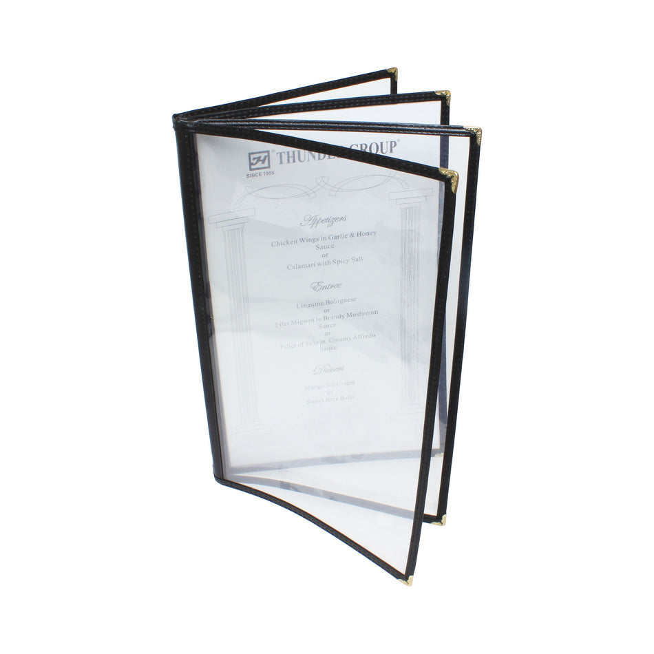 4 Page Book Fold Menu Cover, Long, 8-1/2" x 14", Black Color Trim, Faux Leather, PolyVinyl chloride & Polyurethane