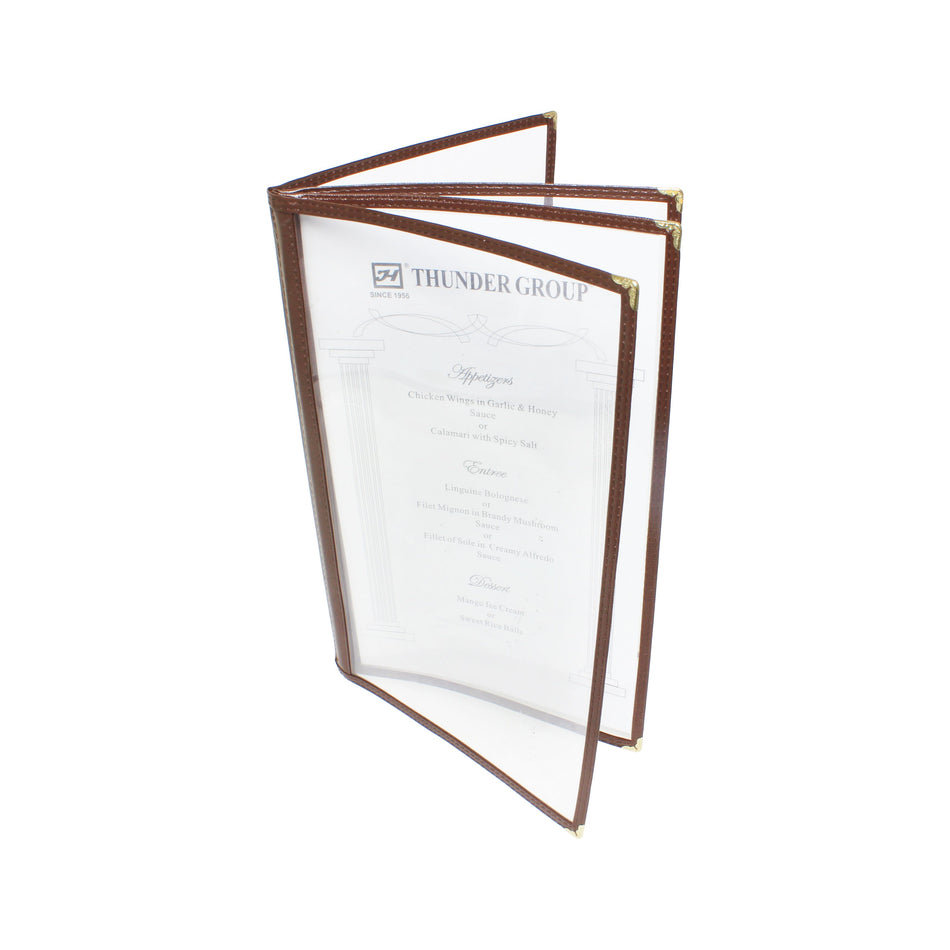4 Page Book Fold Menu Cover, Long, 8-1/2" x 14", Brown Color Trim, Faux Leather, PolyVinyl chloride & Polyurethane