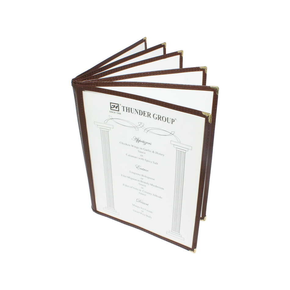 6 Page Book Fold Menu Cover, 8-1/2" x 11", Brown Color Trim, Faux Leather, PolyVinyl chloride & Polyurethane