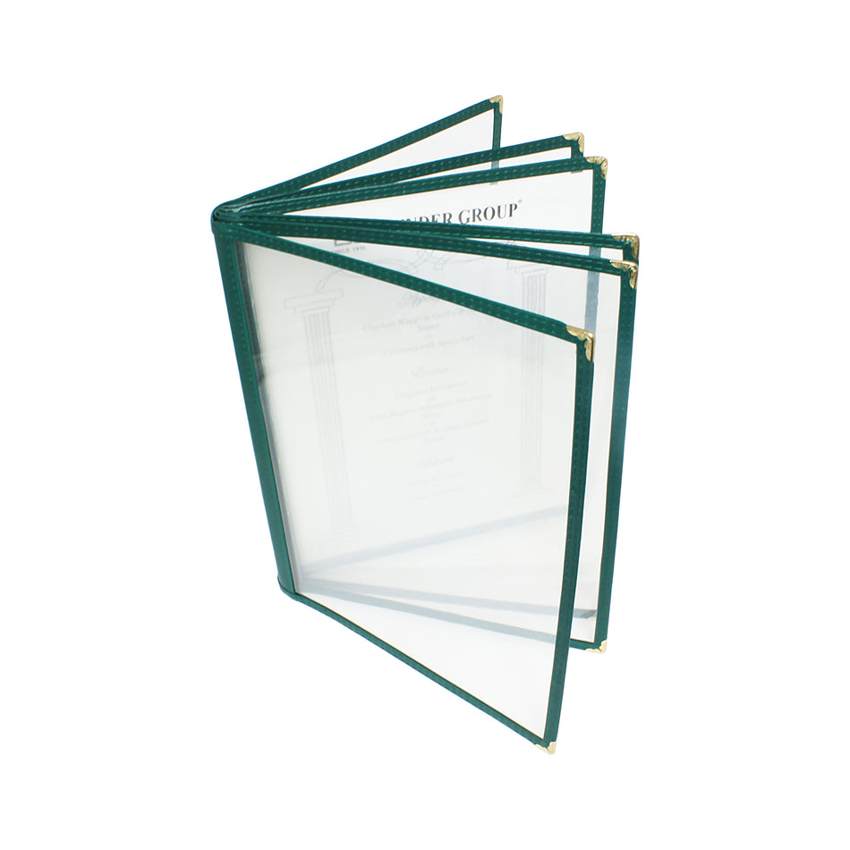 6 Page Book Fold Menu Cover, 8-1/2" x 11", Green Color Trim, Faux Leather, PolyVinyl chloride & Polyurethane