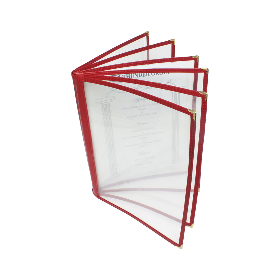 6 Page Book Fold Menu Cover, 8-1/2" x 11", Maroon Color Trim, Faux Leather, PolyVinyl chloride & Polyurethane