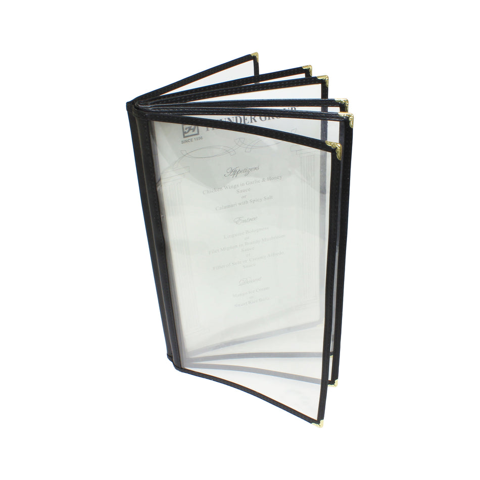 6 Page Book Fold Menu Cover, 7-1/2" x 13-1/4", Black Color Trim, Faux Leather, PolyVinyl chloride & Polyurethane