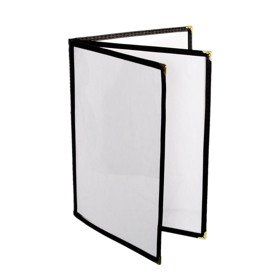 3 Page Book Fold Menu Cover, 8-1/2" x 11", Black Color Trim, Faux Leather, PolyVinyl chloride & Polyurethane
