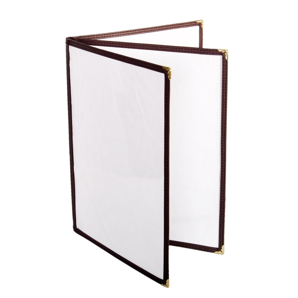 3 Page Book Fold Menu Cover, 8-1/2" x 11", Brown Color Trim, Faux Leather, PolyVinyl chloride & Polyurethane