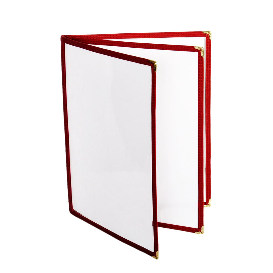 3 Page Book Fold Menu Cover, 8-1/2" x 11", Maroon Color Trim, Faux Leather, PolyVinyl chloride & Polyurethane