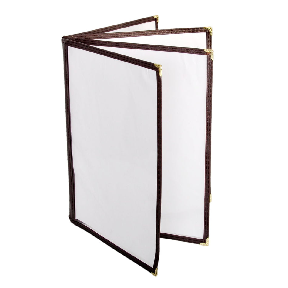 4 Page Book Fold Menu Cover, 8-1/2" x 11", Brown, Faux Leather, PolyVinyl chloride & Polyurethane