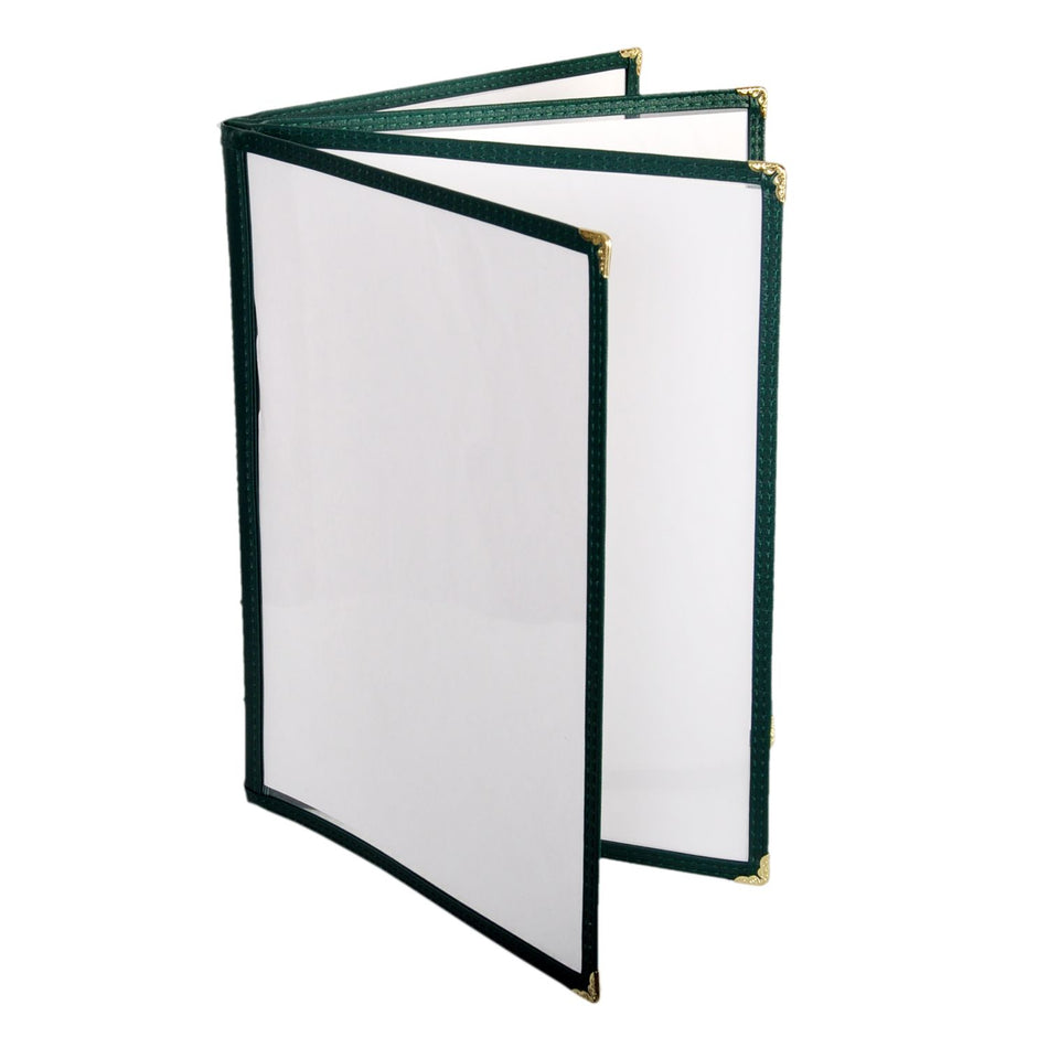 4 Page Book Fold Menu Cover, 8-1/2" x 11", Green, Faux Leather, PolyVinyl chloride & Polyurethane