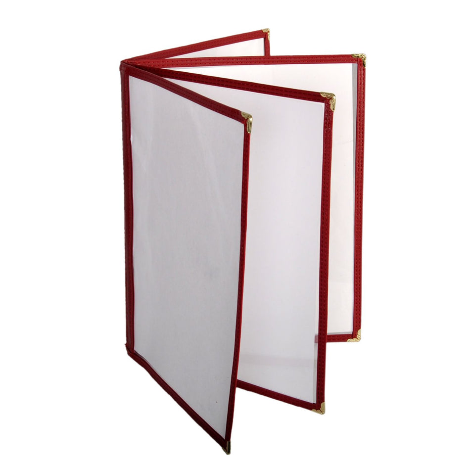 4 Page Book Fold Menu Cover, 8-1/2" x 11", Maroon Color Trim, Faux Leather, PolyVinyl chloride & Polyurethane