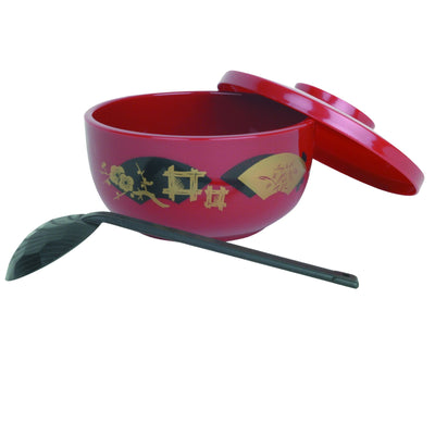 Thunder Group PLNB001 30 Oz Donburi Bowl Lid Ladle Red Plastic for Soup Noodles