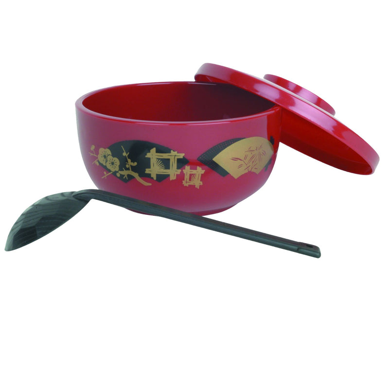Thunder Group PLNB001 30 Oz Donburi Bowl Lid Ladle Red Plastic for Soup Noodles