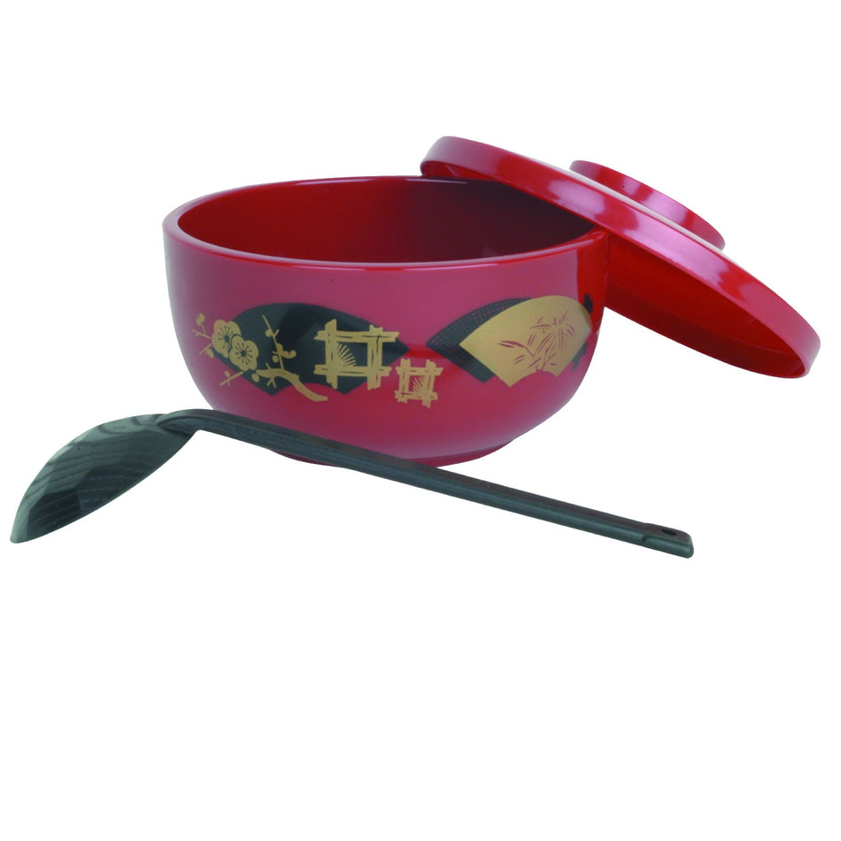 30 oz, 5-3/4" Diameter x 3" Height, Donburi Red Color Bowl with 6" Diameter x 1-1/8" Height, Donburi Red Lid and 2-1/2" Diameter x 5-3/4" Handle Length, Black Color Spoon