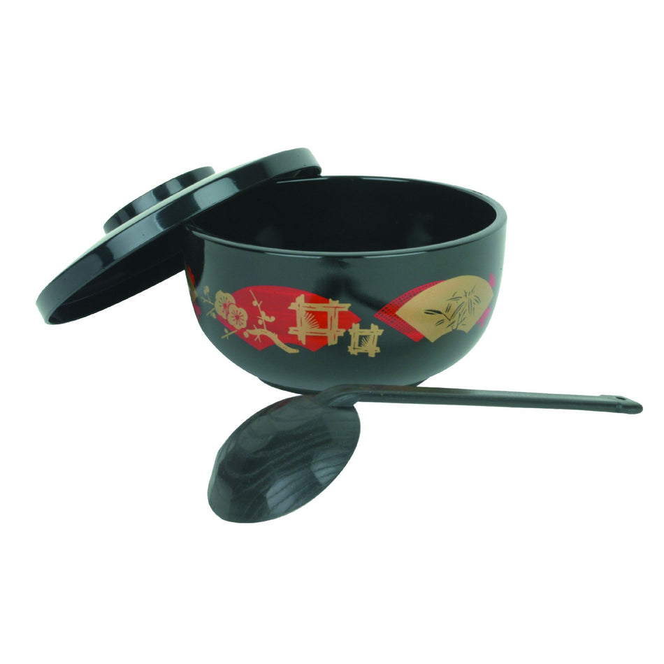 30 oz, 5-3/4" Diameter x 3" Height, Donburi Black Color Bowl with 6" Diameter x 1-1/8" Height, Donburi Black Lid and 2-1/2" Diameter x 5-3/4" Handle Length, Black Color Spoon