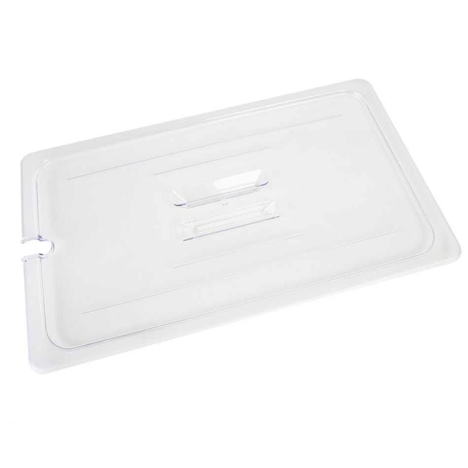 Slotted Cover For Full Size Food Pan, Clear Color, Polycarbonate, withstand temperature from -40°F up to 210°F, Dishwasher Safe, Break-Resistant, Shatter-Resistant, No Microwave, No Oven, NSF