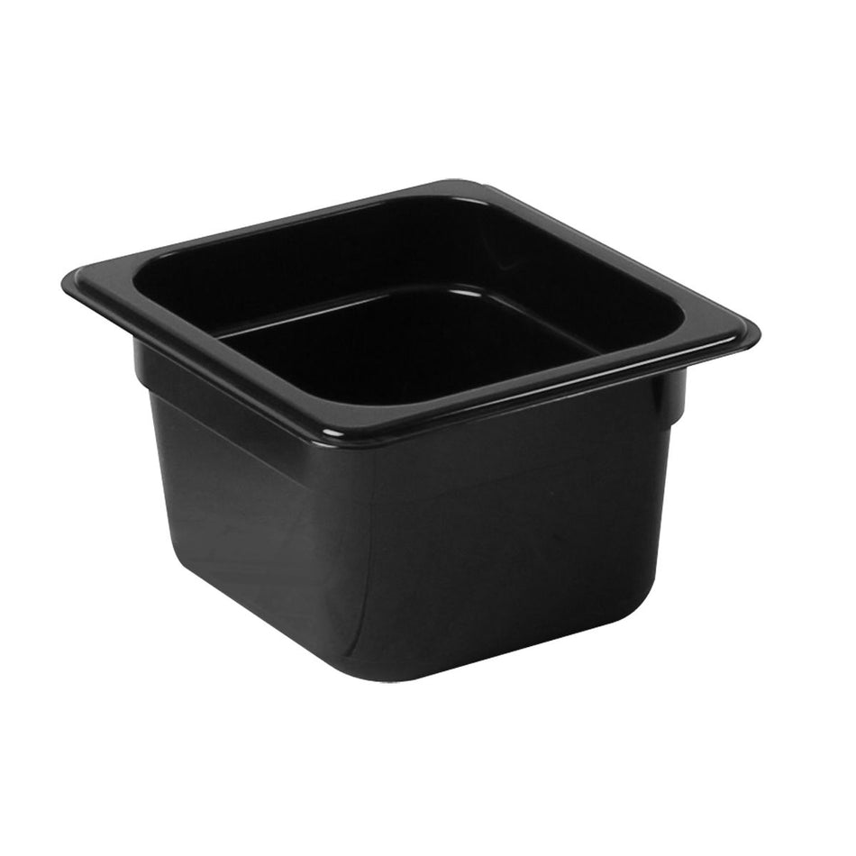 Sixth Size, 4" Deep, Food Pan, Black Color, Polycarbonate, withstand temperature from -40°F up to 210°F, Dishwasher Safe, Break-Resistant, Shatter-Resistant, No Microwave, No Oven, NSF