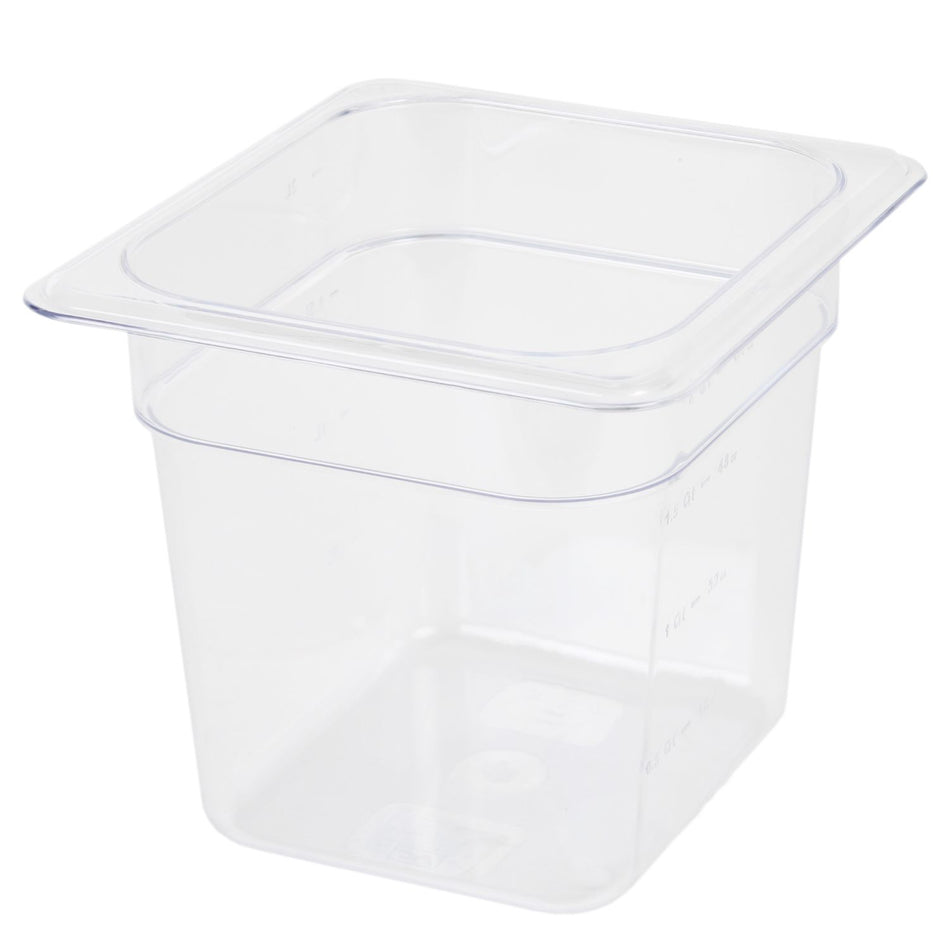 Sixth Size, 6" Deep, Food Pan, Clear Color, Polycarbonate, withstand temperature from -40°F up to 210°F, Dishwasher Safe, Break-Resistant, Shatter-Resistant, No Microwave, No Oven, NSF