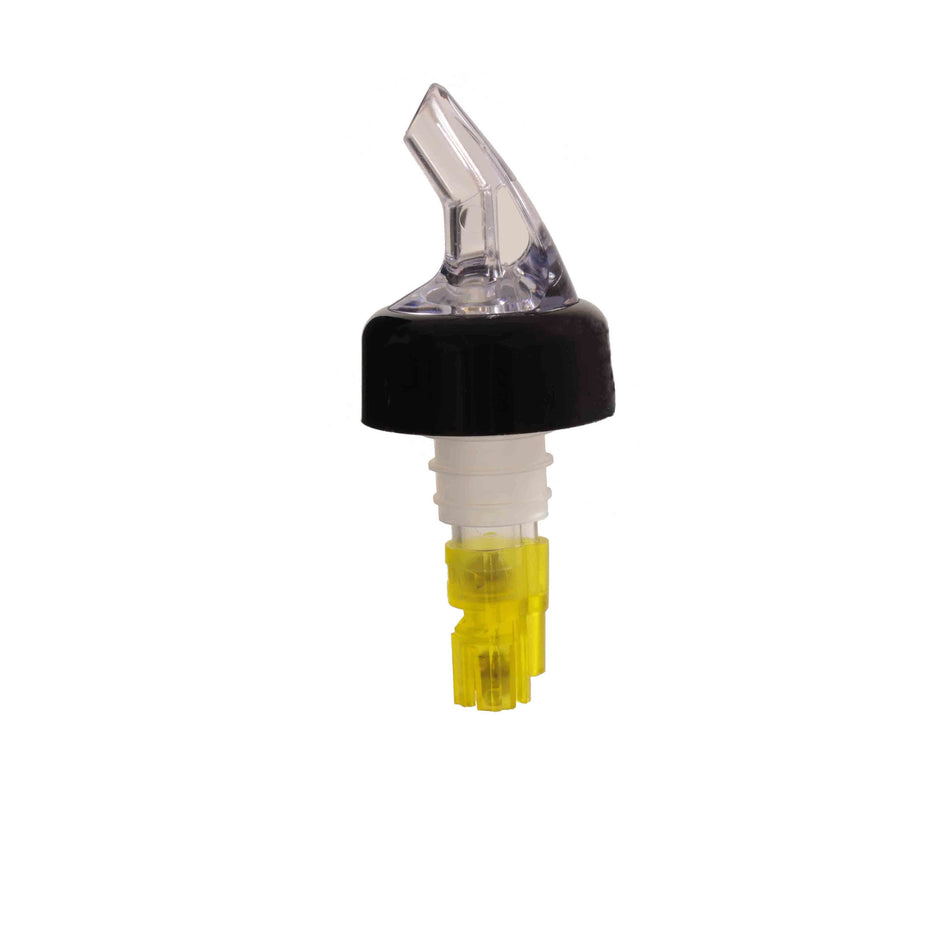 12 Pack 1-1/2 oz, Measured Liquor Pourer with Yellow Tail and Black Collar, Acrylonitrile, Color Coded, Fits Standard 750 ml liquor bottle