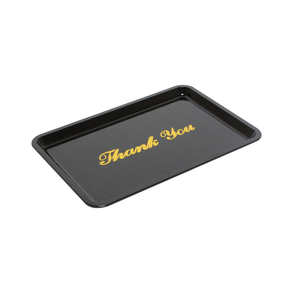 12 Pack 4-1/2" x 6-1/2" x 1/4", Tip tray with Gold Imprinted "Thank you" wording, Black Color, Acrylonitrile butadiene styrene