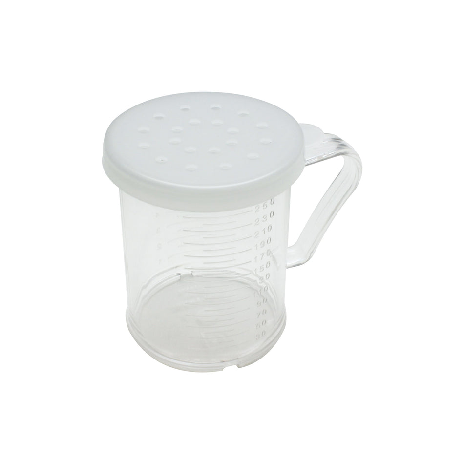 10 oz Polycarbonate Dredger with Handle 3 Snap-On Polycarbonate lids (Fine, Medium & Large Holes),