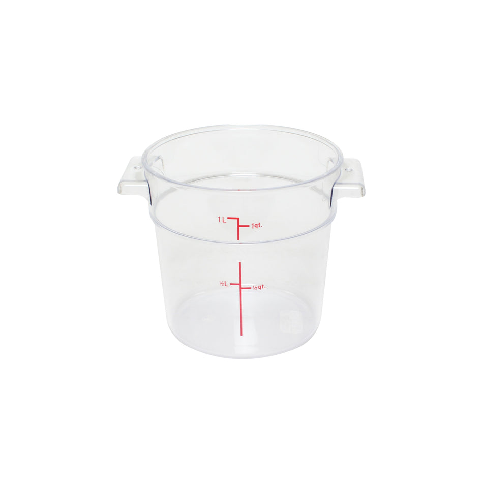 1 qt, 5" Diameter x 5" Height, Round Food Storage Container, Clear Color, Polycarbonate, withstand temperature from -40°F up to 210°F, Dishwasher Safe, Break-Resistant, Shatter-Resistant, No Microwave, No Oven, NSF