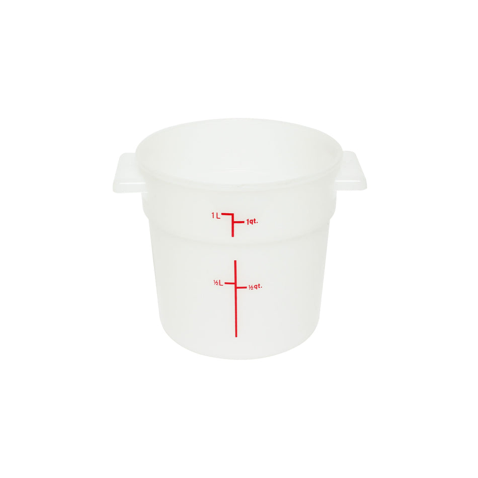 1 qt, 5" Diameter x 5" Height, Round Food Storage Container, White Color, Polypropylene, withstand temperature from -40°F up to 160°F, Dishwasher Safe, No Microwave, No Oven, NSF