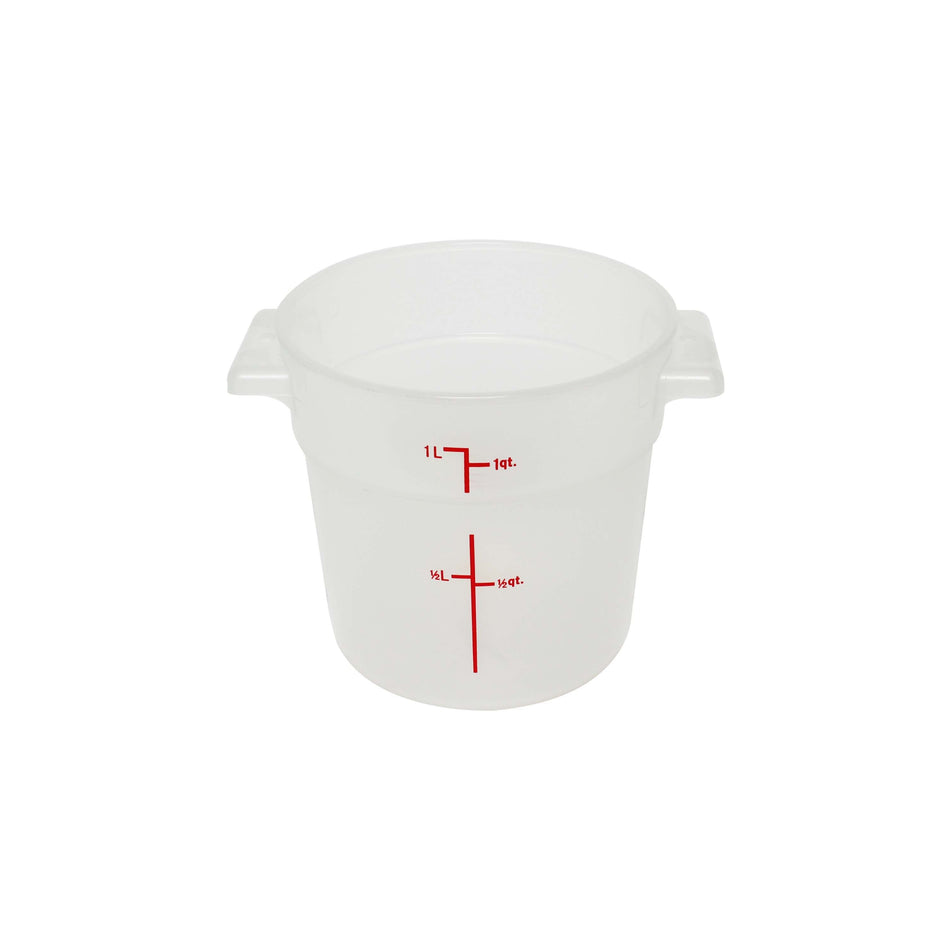 1 qt, 5" Diameter x 5" Height, Round Food Storage Container, Translucent, Polypropylene, withstand temperature from -40°F up to 160°F, Dishwasher Safe, No Microwave, No Oven, NSF