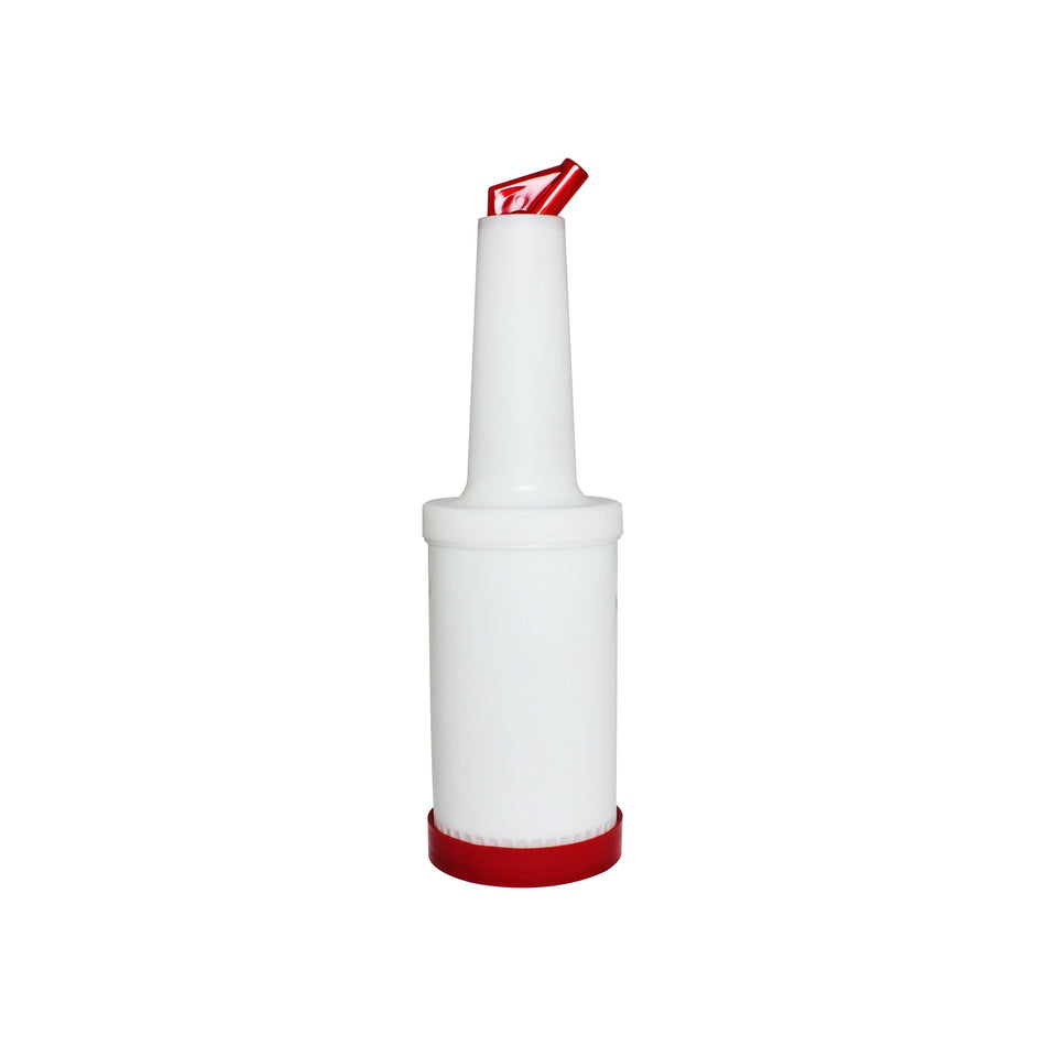 3-3/4" x 3-3/4" x 13-1/8", 1 qt Liquor Storer and Pour Bottle, Red Color, Acrylonitrile Butadiene Styrene Pourer with Polypropylene Body & Lid